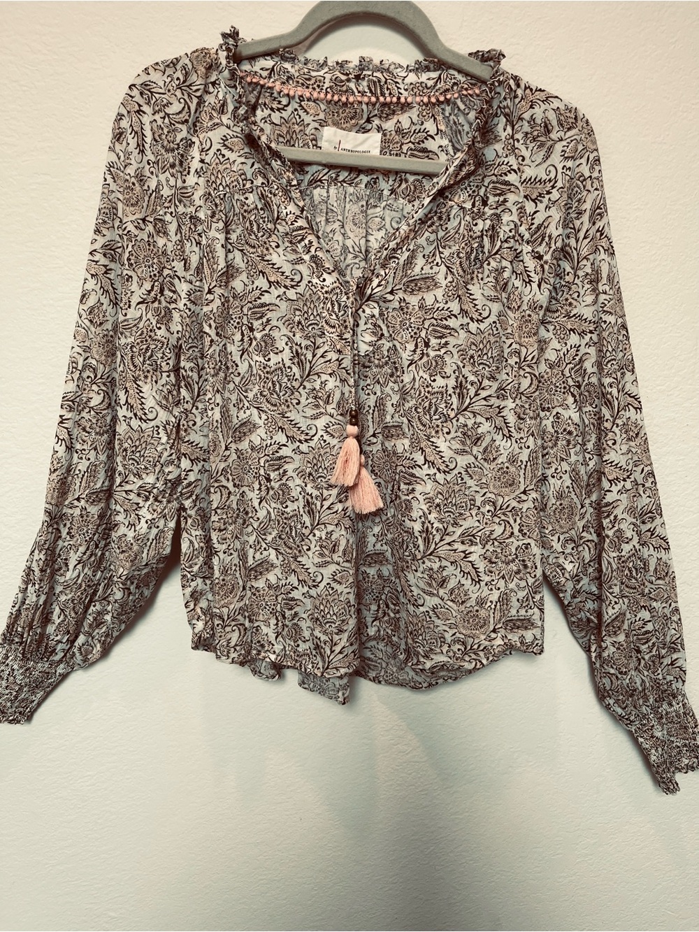 Anthropologie Ivory and Soft Peach Floral Peasant Blouse 100% Cotton
